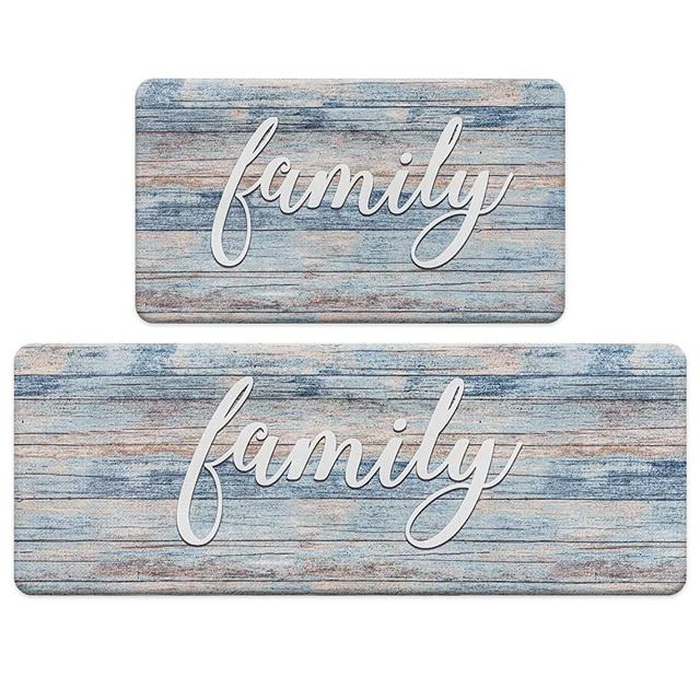 ROSMARUS Farmhouse Family Kitchen Rug Set 17"x47"+17"x30", Waterproof Non Slip Kitchen Rugs and Mats Anti-Fatigue Cushioned PVC Comfort Standing Kitchen Mat Kitchen Carpet (Blue)