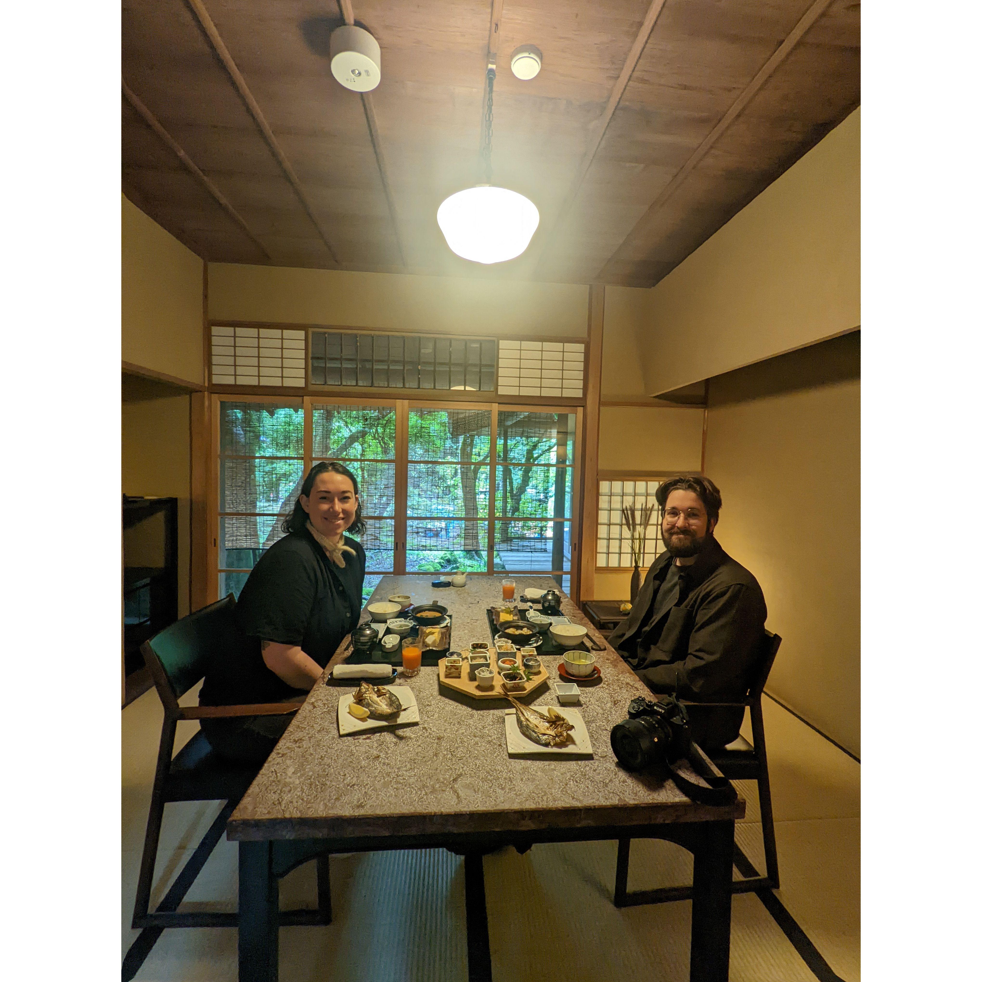 October 10, 2023- Traditional Japanese breakfast at the hotel in Hakone. Bryan wasn't a fan of the natto, but we both loved the egg custard. They gave us so much food it was a struggle to finish it!