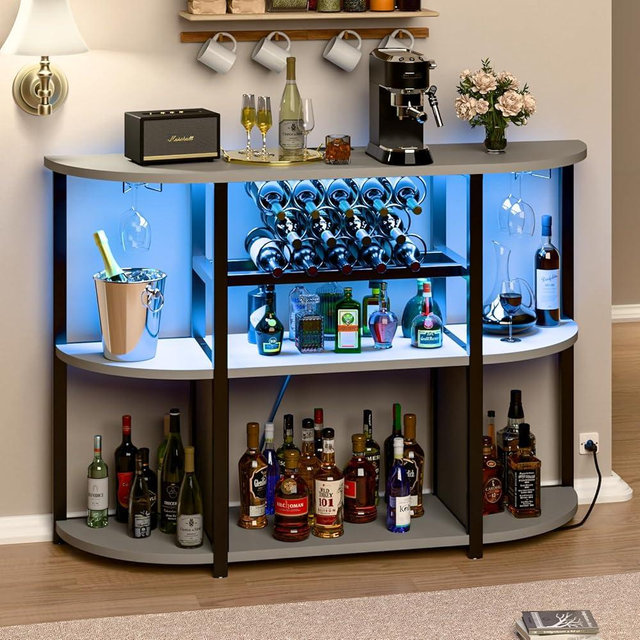 PUKAMI Wine Bar Cabinet with Power Outlet and LED Lights, Home Bar Cabinet Table for Liquor, Freestanding Wine Racks with 4-Tier Storage for Bottles and Glass Holder