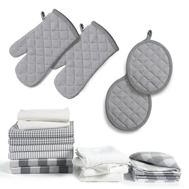 Lane Linen Kitchen Towels and Dishcloths Sets - 20 Pc Kitchen Essentials for New Home, Heat Resistant Oven Mitts & Pot Holder, Absorbent Flour Sack Dish Towels, Dish Towels for Kitchen - Grey
