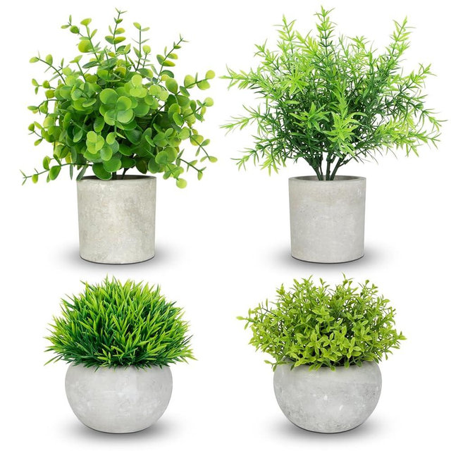 ZAIYW 4 Pack Small Fake Plants Indoor, Mini Potted Artificial Plants Eucalyptus Rosemary for Home Kitchen Office Balcony Desk Table Farmhouse Bathroom Shelf Decor