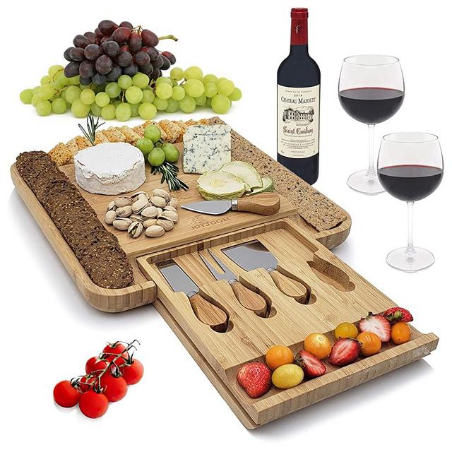 Bamboo Cheese Board and Knife Set - 100% Organic Eco Friendly Bamboo Charcuterie Platter Serving Tray and Cutlery Set with Slide out Drawer - Perfect for Birthday, Housewarming & Registry  