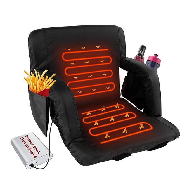LILYPELLE Heated Stadium Seats for Bleachers with Back Support, Arm Support, Storage Pockets – Bleacher Chairs with 3 Level Heating - USB Heated Camping Chair
