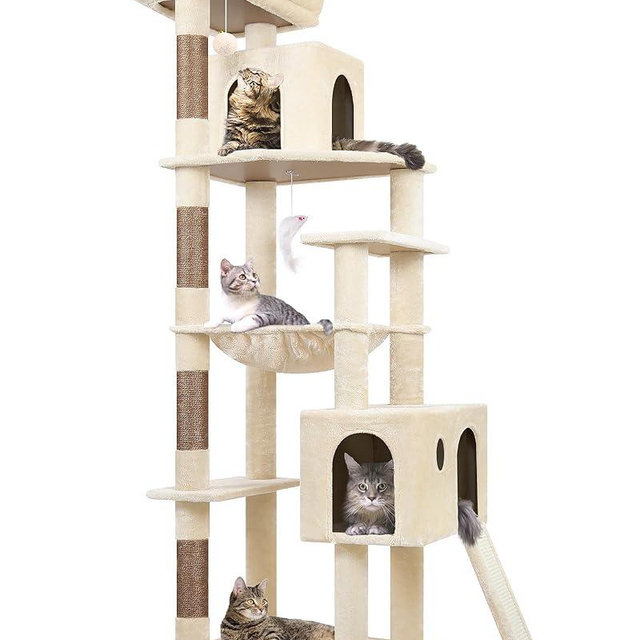 Globlazer Heavy Duty Cat Tree Tower, 70inch Sturdy Cat Tree for Indoor Cats Sturdy Large Cat Tower with Scratching Post and Scratching Board, Hammock, Cat Condo for Adult Cats Kittens, F70 Pro, Beige