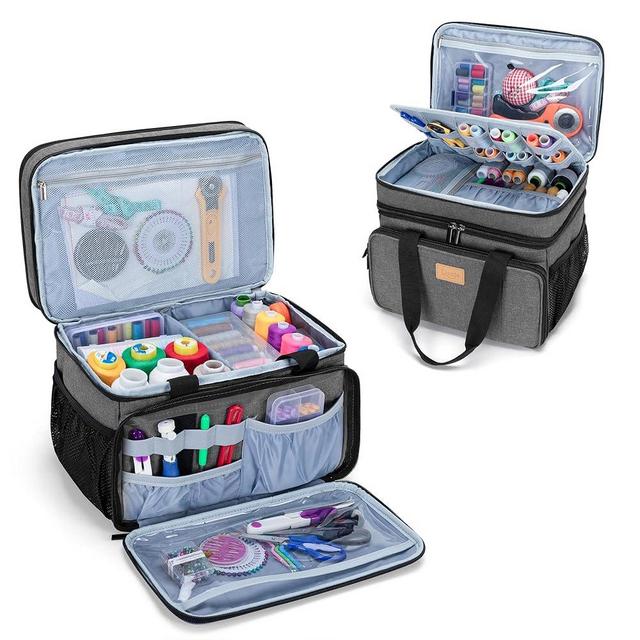 LUXJA Large Sewing Organizer with Many Compartments, 2 Layers Sewing Storage Bag with Varisized Pockets for Sewing and Crafting Supplies (Bag Only), Gray