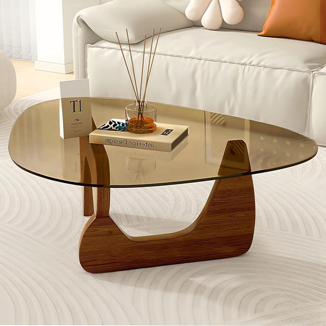 Glass Coffee Table Mid Century Modern Small Coffee Table with Tempered Glass Top & Solid Wooden Base, Abstract Brown Walnut Center Tea Tables for Living Room Home Office
