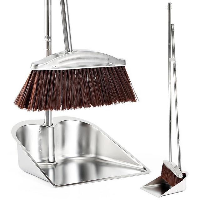 VOOWO Broom with Dustpan Combo Set, 46" Stainless Steel Broom and Dustpan Set for Home, Heavy Duty Dust Pan with Long Handle, Broom for Sweeping Indoor and Outdoor, Kitchen Broom and Dust Pan (Brown)
