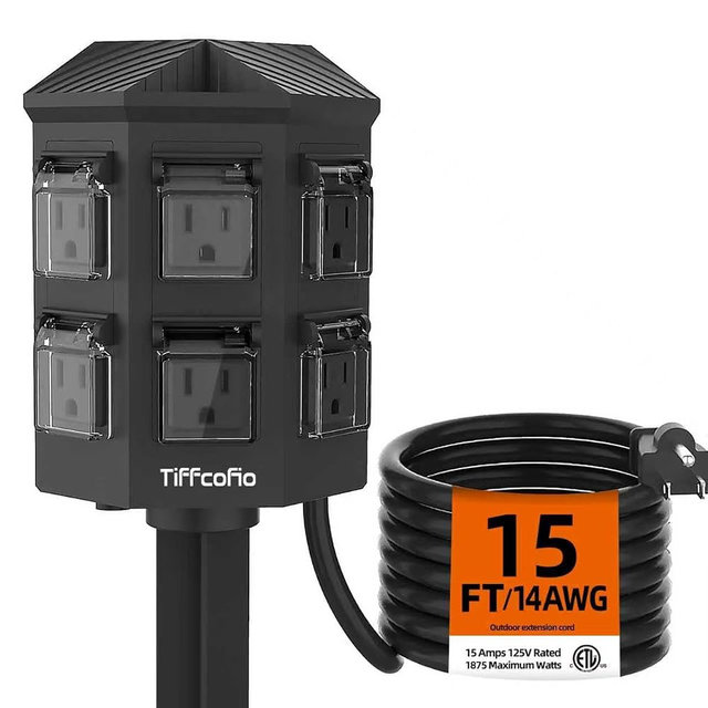 TiFFCOFiO Outdoor Power Strip Weatherproof, 15 FT Extension Cord with Stake, 6 Grounded Outlets for Christmas Yard Decorations and Inflatables, 15A/1875W, ETL Listed