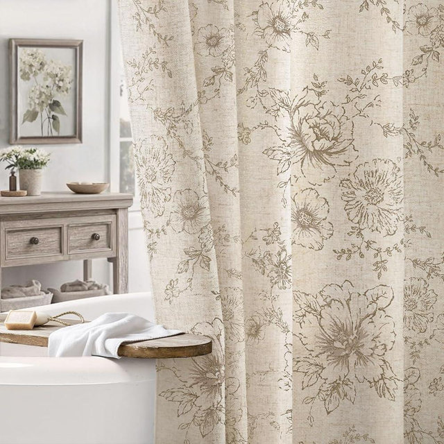NDDYCU Farmhouse Floral Linen Shower Curtain, Vintage Tan Pattern Rustic Shower Curtains for Bathroom, Taupe,72x72
