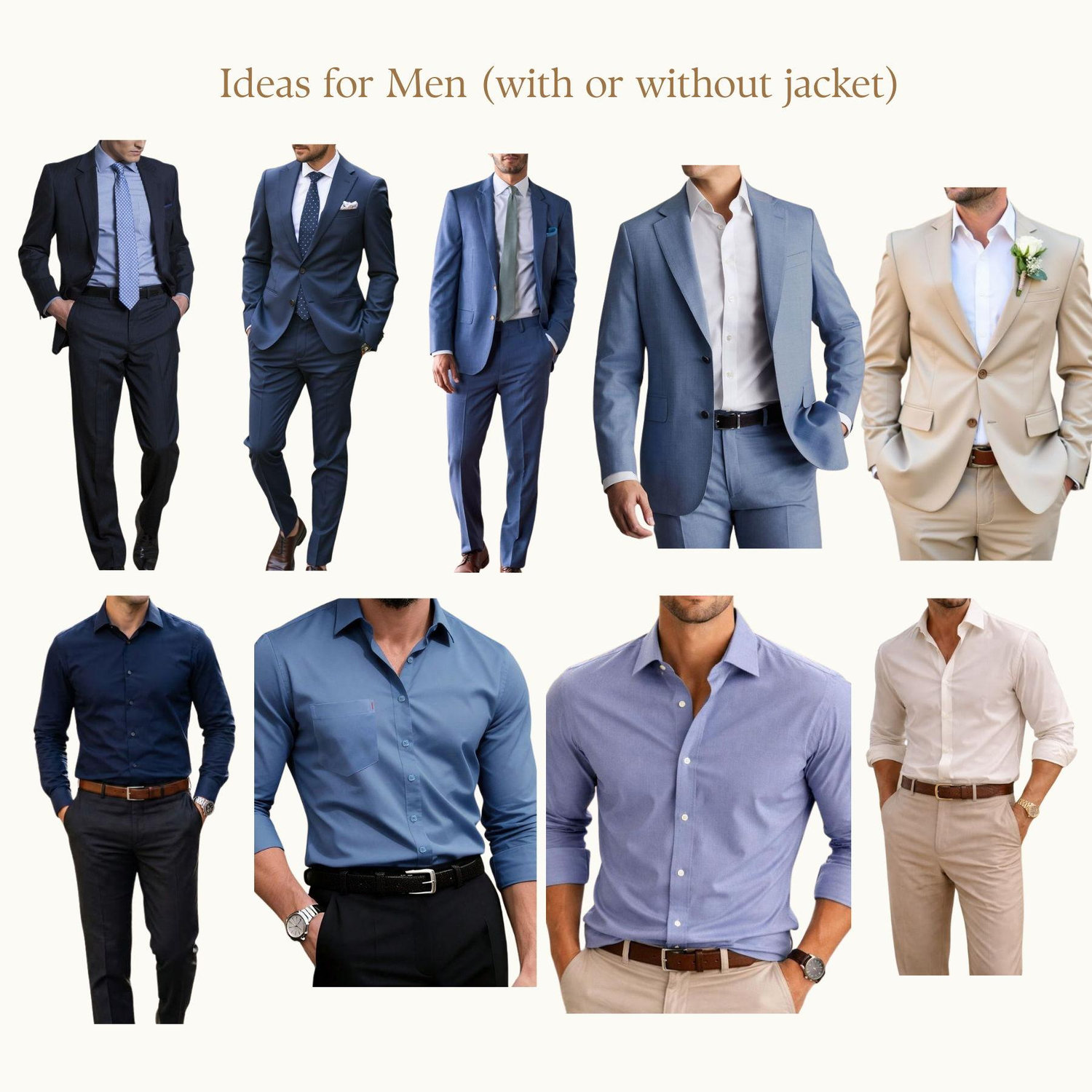 Suit jacket is not a requirement but is welcomed. Men can pair black or grey with the suggested colors too!