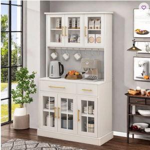 White Wade Logan® Arnzazu 71'' H Kitchen Pantry Cabinet with Power Outlet, Hutch, Glass Doors & Drawers & Reviews | Wayfair
