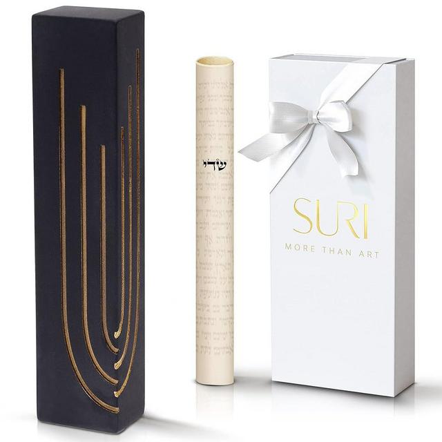 SURI Modern Mezuzah - Black Concrete Base with Gold Shin Mezuzah Case for Door - 4 Inch Jewish Mezuza Cover with Non Kosher Scroll & a Gift Box - Judaica Gifts