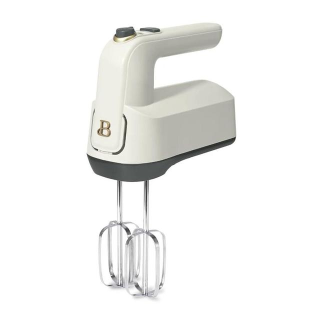 Beautiful 6-Speed Electric Hand Mixer with Turbo Function and Storage Case - Lightweight, Dishwasher Safe Parts, Corded Electric by Drew Barrymore (White Icing)