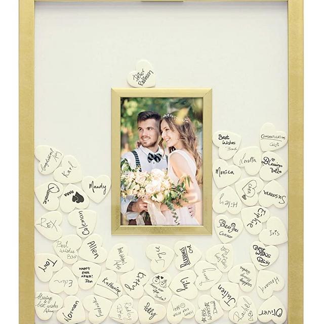 MIMOSA MOMENTS Autograph Picture Frame, Alternative Wedding Guest Book (Gold with 80 Hearts)