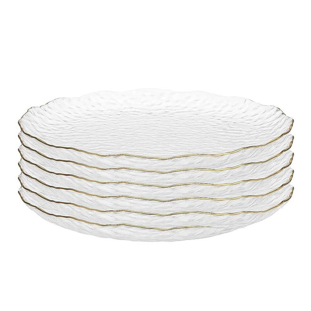 Coolcapis Hammered Glass Dinner Plate with Gold Rim – Elegant Textured Ice Crystal Design, Irregular Scalloped Edge, Clear Glass Serving Plate for Desserts, Salads & Main Dishes 10" (25.5cm)