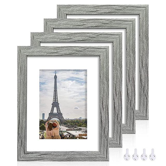 Hongkee 8x10 Picture Frame Set of 4, Made of Real Glass and Grey Wood Frame, Multi 8 by 10 Photo Frame for Wall or Tabletop Display, Display 5x7 Frame with Mat or 8x10 Without Mat