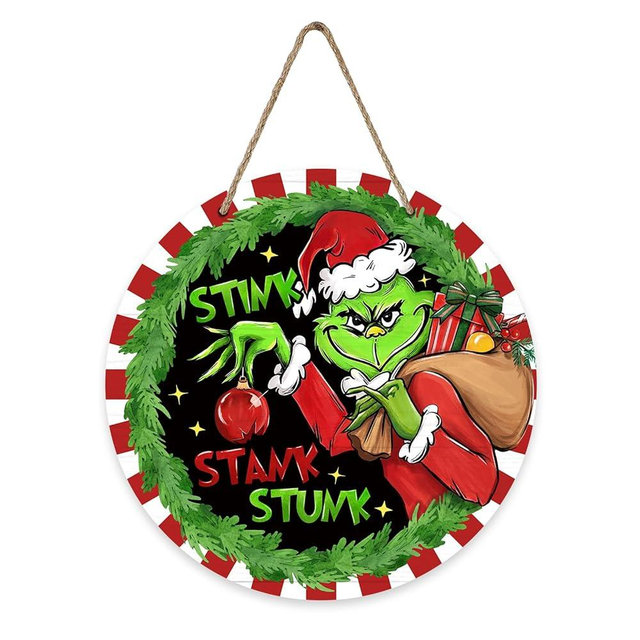 Deroro Christmas Stink Stank Stunk Front Door Sign, Xmas Gift Green Wood Door Hanger Outdoor Outside Porch Decor, Red Stripes Holiday Wooden Wreath Indoor Wall Hanging Decoration