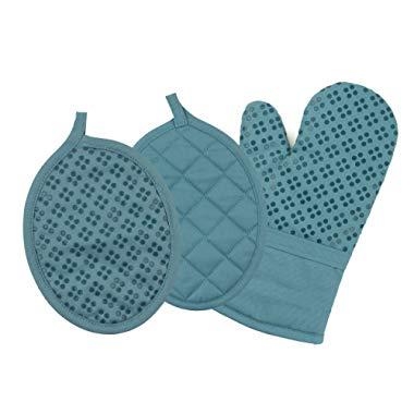 Sticky Toffee Printed Silicone Oven Mitt and Pot Holders, 100% Cotton, 3 Piece Set, Blue