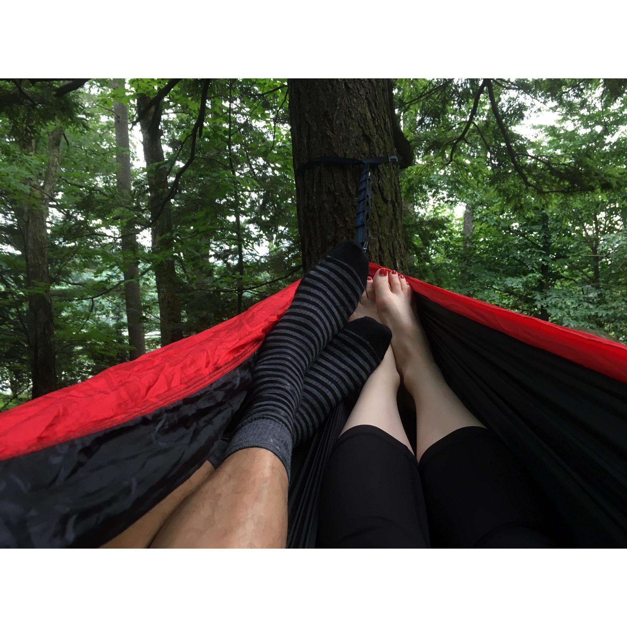 Michele doesn't like to wear socks in the hammock. North-South Lake Campgrounds, NY.