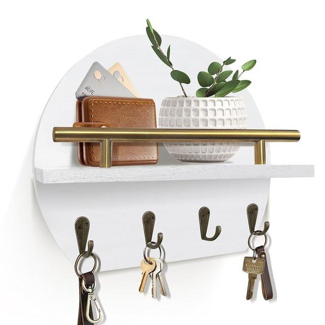 KISENG Key Holder Wall Mount Mail Organizer with Shelf & 4 Hooks, Semicircle Decorative Key Rack, Rustic Key Hanger for Entryway, Apartment Essentials, Home Decor Aesthetic