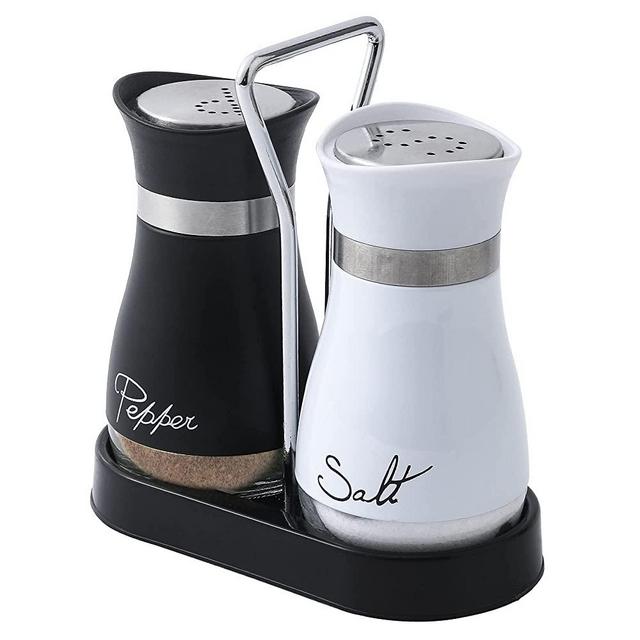 Salt and Pepper Shakers Set, Stainless Steel with Glass Bottle for Table, RV, Camp, BBQ, Set of 2, Black and White
