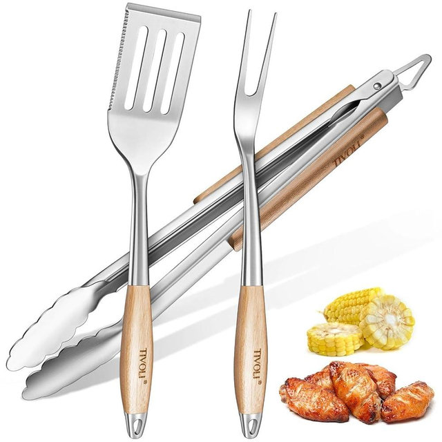 TIVOLI 3PCS Grilling Accessories, Heavy Duty BBQ Tool Set with Stainless Steel Spatula, Tongs, Fork, Wood Handles Barbecue Utensils Kit for Outdoor, Perfect Grill Gifts for Dad Men