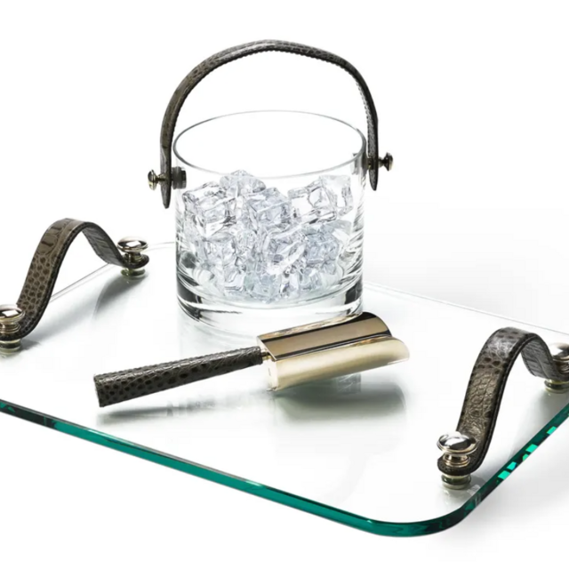 Crystal Ice Bucket with Grey Leather Handle