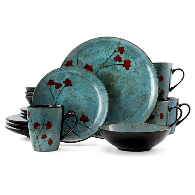 Elama Round Stoneware Floral Dinnerware Dish Set, 16 Piece, Blue with Red Accents