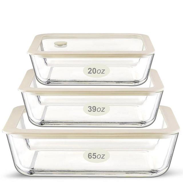 Glass Food Container Set with Glass Lid, Large Size 3 Pack, Glass Food Storage Containers with Silicone Framed Glass Lid, Glass Food Containers with Airtight Lids, LeakProof, 100% Plastic Free Glass Lid Container Set. Glass Meal Prep Food Containers for Family Size, Glass Storage Containers with Lids (White Sand Color)