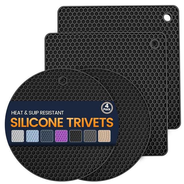 Silicone Trivet Mats 4 Heat Resistant Pot Holders Multipurpose Non-Slip Hot Pads for Kitchen Potholders, Drying mat, Jar Opener, Spoon Holder, Coaster(Black)
