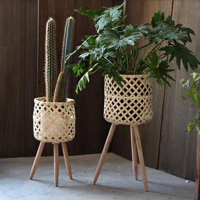 RISEON Set of 2 Handmade Mid Century Modern Planter, Rustic Indoor Rattan Basket Flower Pot Plant Stand ,Large Floor Planter (Small & Medium)