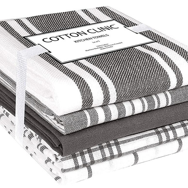 Cotton Clinic 16x28 Set of 5 Ring Spun Cotton Kitchen Dish Tea Bar and Cleaning Towels with Hanging Loop, Grey White
