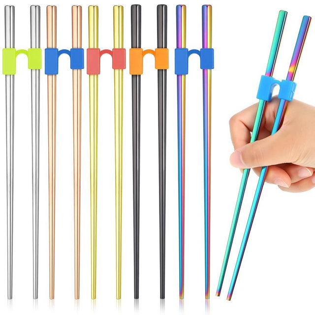 Tessco 5 Pairs Training Chopstick Helpers Reusable Chopsticks for Beginner Non Slippery Replaceable Practice Heat Resistant Holder with Clip for Trainer(Stainless Steel,Bright Colors)
