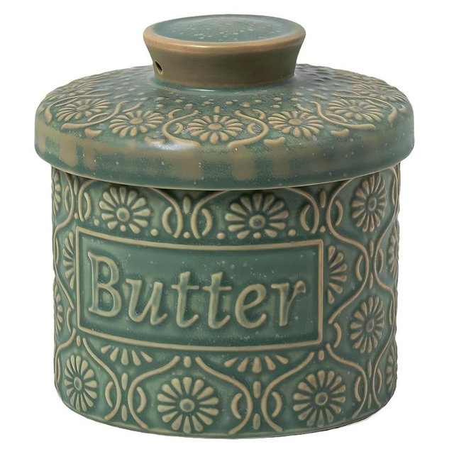COPORISO Ceramic Butter Crock with Lid, French Butter Dish with Water Line for Countertop, Butter Keeper for Spreadable Butter, Container Holder for Kitchen and Home Decor, 6.7 OZ, Vintage Green
