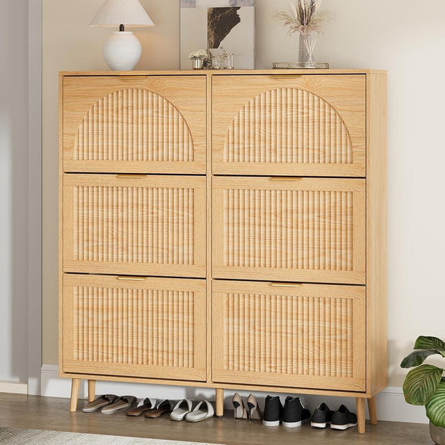 IAISRO Shoe Storage Cabinet with 6 Flip Drawers, Narrow Wood Shoe Organizer Cabinet with Fluted Panel, Slim Shoe Rack for Entryway, Freestanding Shoe Cabinet for Living Room, Hallway, Wood Color