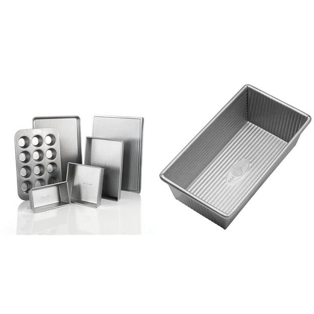 USA Pan Bakeware Aluminized Steel 6 Pieces Set, Cookie Sheet, Half Sheet, Loaf Pan, Rectangular Pan, Square Cake Pan, 12 Cup Muffin Pan & Nonstick Standard Bread Loaf Pan, 1 Pound, Aluminized Steel