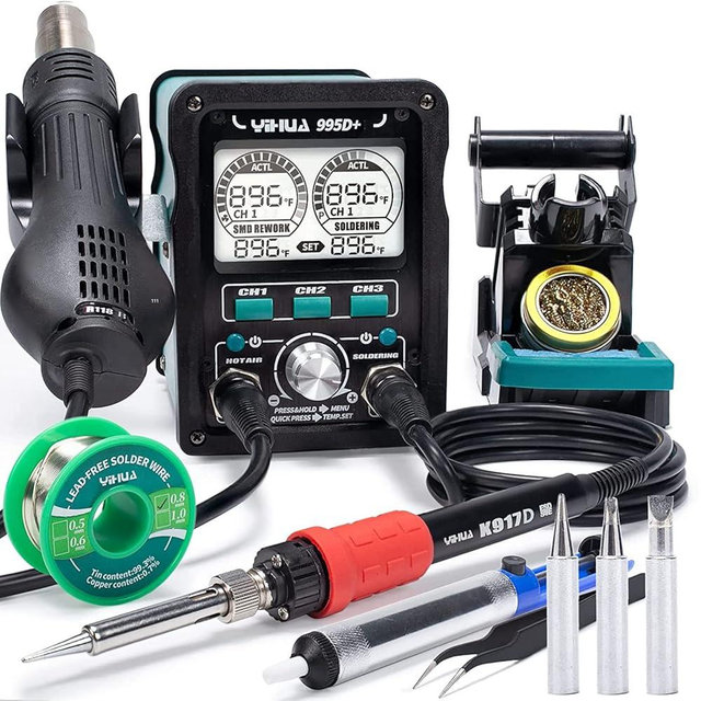YIHUA 995D+ EVO Soldering Hot Air Station Kit 2-IN-1 110W Soldering Iron with LCD Display, Power Meter, Preset Channels, Sleep Mode, °C-°F Conversion, Automatic Shutdown Functions