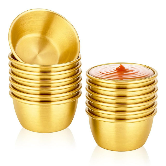 12 Pcs Gold Stainless Steel Dipping Sauce Cup 2.5 oz Ramekin Sauce Dipping Bowl Mini Saucers Dishes Plates Round Dippin g Bowls for Ketchup Dressing Home Party Restaurant Kitchen, Gold