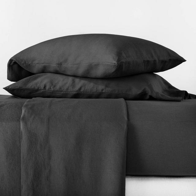 King 100% Linen Solid Sheet Set Washed Black - Casaluna™