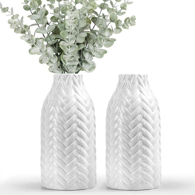 STHIE Modern White Ceramic Flower Vases for Home Decor Aesthetic, 8" H Cute White Boho Decorative Vase Set of Two for Table Centerpieces, Living Room Shelf Knick Knacks Home Decor