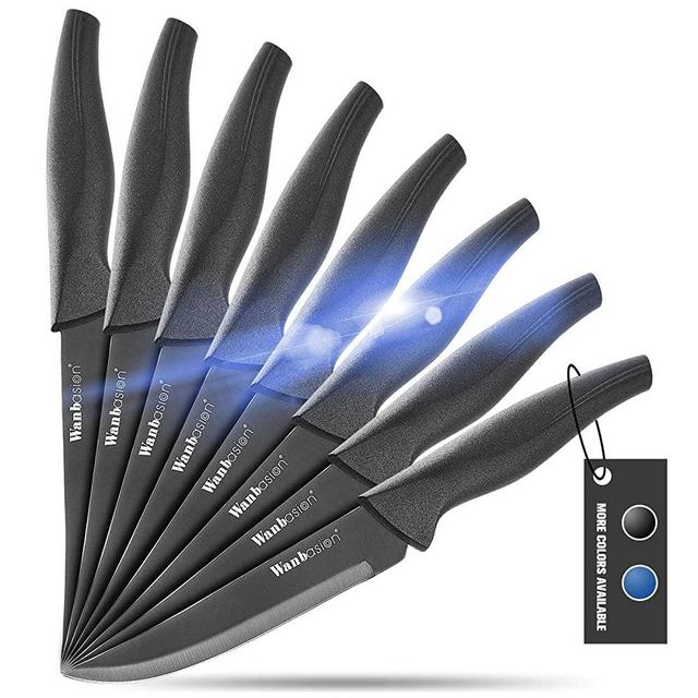 Wanbasion No Sawtooth Black 8-Piece Steak Knife Set Dishwasher Safe, Steak Knife Set Stainless Steel, Kitchen Steak Knife Set Sharp - Scratch Resistant