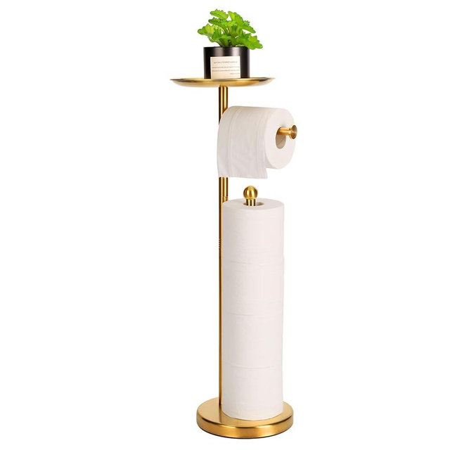 Standing Toilet Paper Holder Gold, TP Holder with 6.7" Phone Shelf, Holds 5 Rolls, Stainless Steel (Gold)