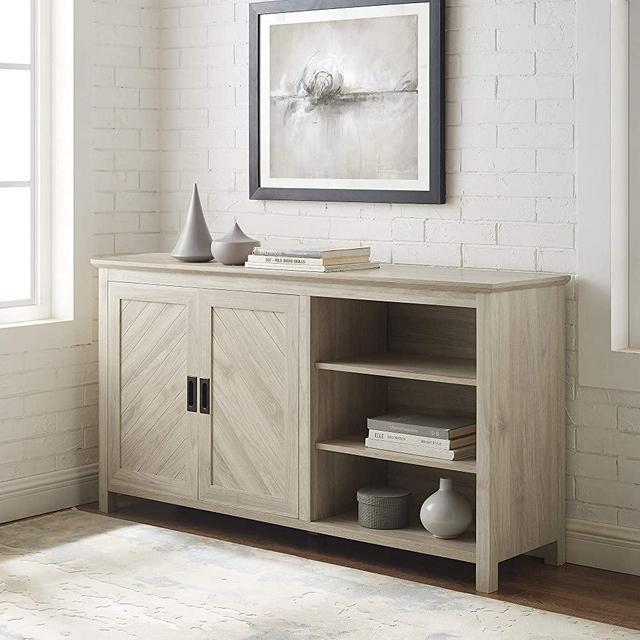 Walker Edison Modern Wood Grooved-Buffet-Sideboard with Open Storage Entryway Serving Storage Cabinet Doors-Dining Room Console 58 Inch, Birch