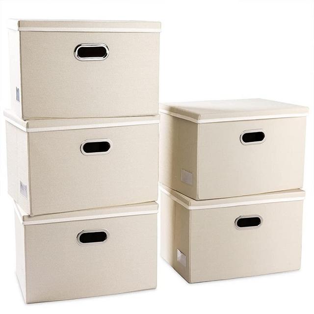PRANDOM Large Collapsible Storage Containers with Lids [5-Pack] Fabric Foldable Storage Bins Boxes Organizer Baskets Cube with Cover for Home Bedroom Closet Office Nursery Cream(17.7x11.8x11.8)