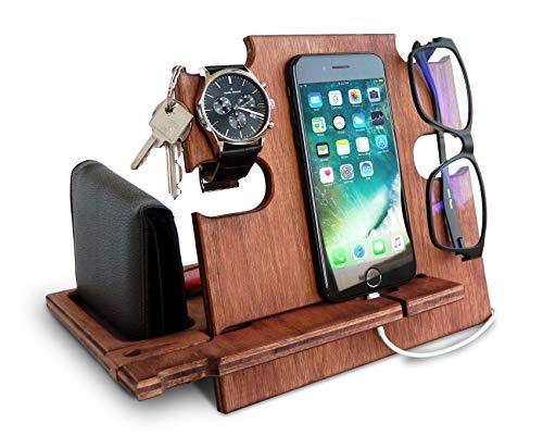 Wooden Docking station, Smartphone Stand - Desk Organizer, Nightstand Holder, Walnut Color