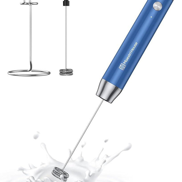 Maestri House Rechargeable Milk Frother with Stand, Handheld Electric Foam Maker Waterproof Detachable Stainless Steel Whisk Drink Mixer Foamer for Lattes, Cappuccino
