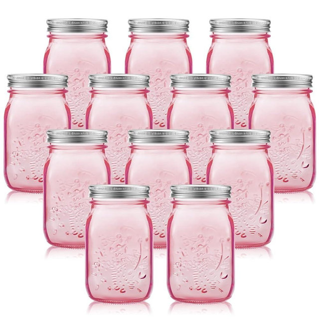 12 Pieces 32 oz Colored Mason Jars Glass Mason Jars with Lids Glass Wide Mouth Canning Jar NOT Allowed Dishwasher(Pink)