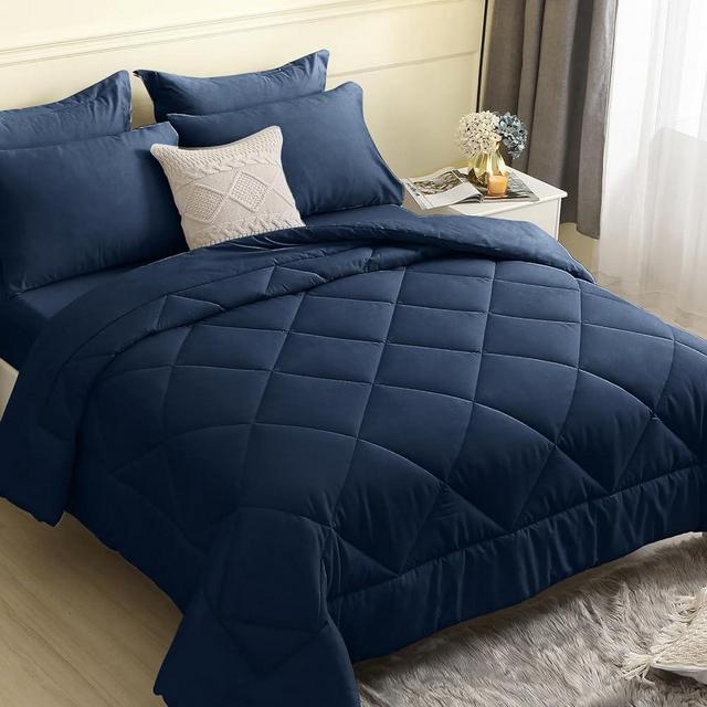 HEVUMYI Queen Comforter Set 7 Pieces, All Season Reversible Bed in A Bag Queen, Ultra Soft Queen Bedding Sets with Comforter, Flat Sheet, Fitted Sheet, Pillowcases, Pillow Shams (Navy Blue,Queen)