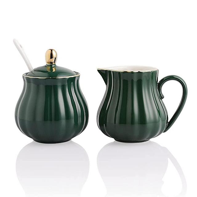 SWEEJAR Royal Ceramic Sugar and Creamer Set, 3 Piece Set with Cream Pitcher, Sugar Bowl, Sugar Set with Lid & Spoon, Coffee Serving Set Wedding Gift (Jade)