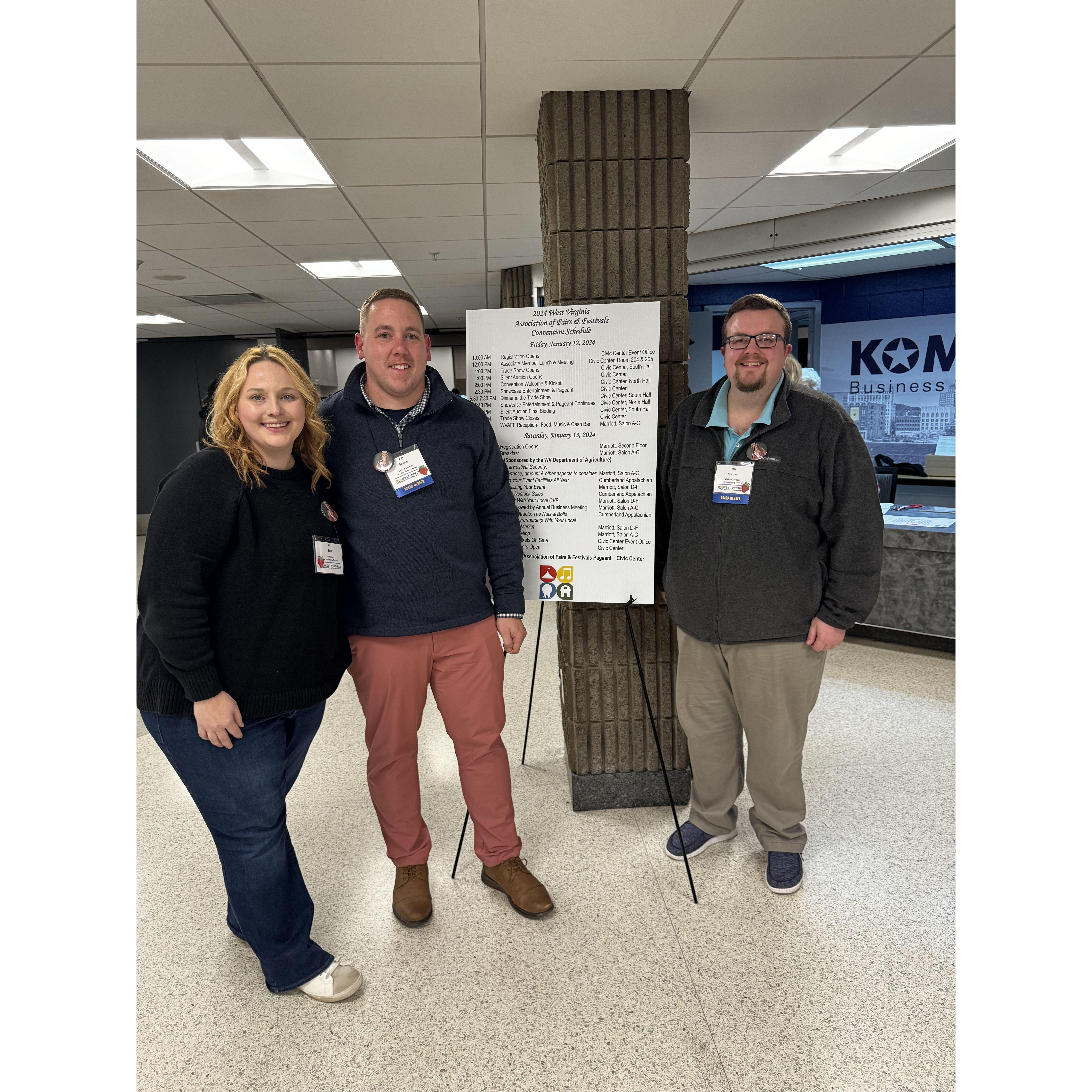 Sara, Shane and Michael attending the 2024 WV Association of Fairs and Festivals Convention.